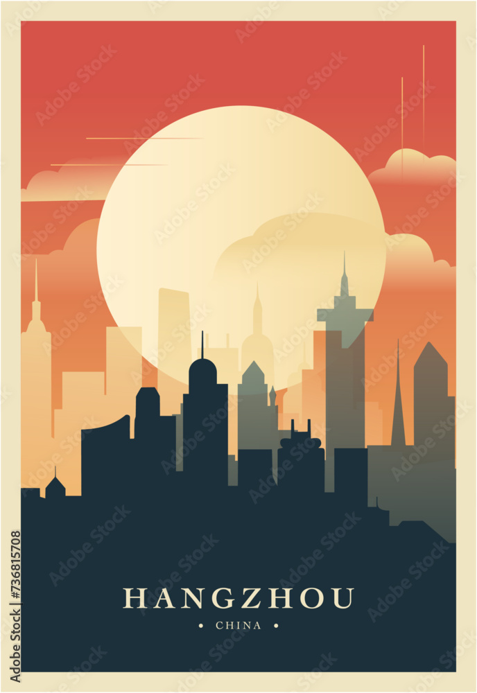 Hangzhou city brutalism poster with abstract skyline, cityscape retro vector illustration. China, Zhejiang province travel front cover, brochure, flyer, leaflet, presentation template image