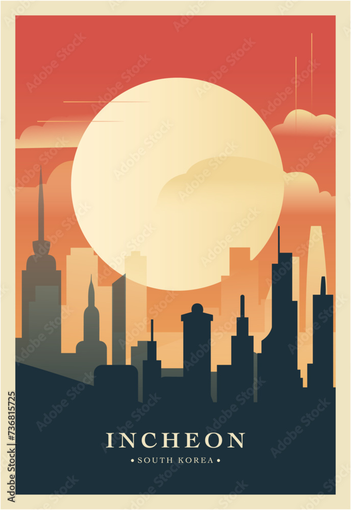 Incheon city brutalism poster with abstract skyline, cityscape retro vector illustration. South Korea metropolitan travel cover, brochure, flyer, leaflet, presentation template image