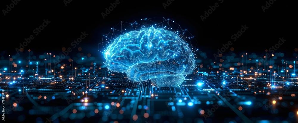 Digital brain floating above circuit board, concept of artificial intelligence