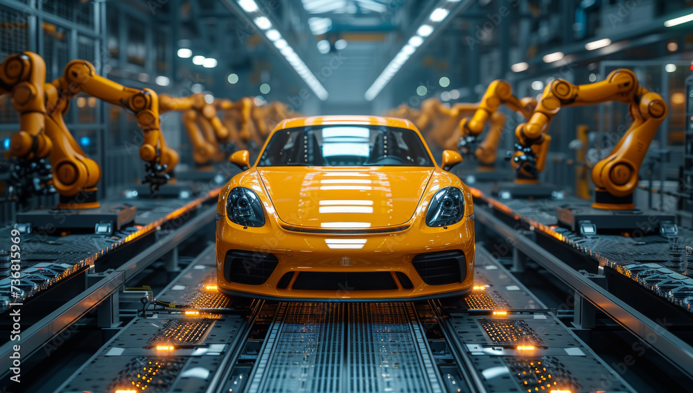 Yellow sports car in assembly line with robotic arms, futuristic factory