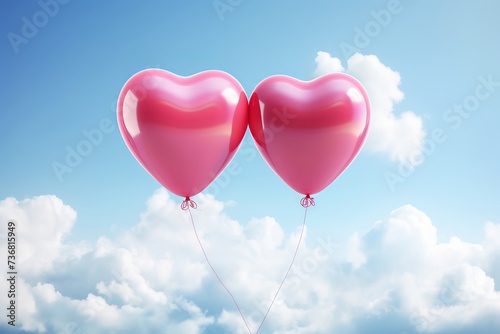 Two heart-shaped balloons floating in the sky
