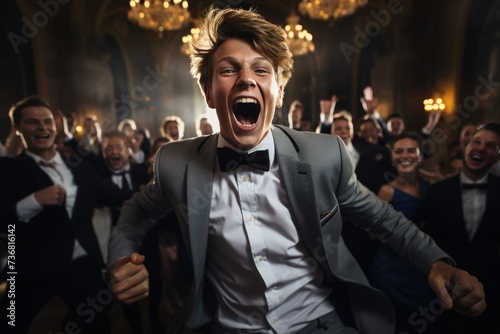 Exuberant Young Man Leading a Cheerful Crowd at a Formal Celebration  © Distinctive Images