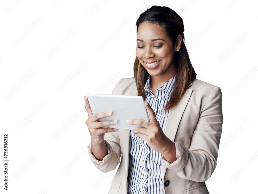 Business woman, happy and tablet for email on promotion and social media for online networking. IT consultant, positive and smile on information technology and isolated on transparent png background Business woman, happy and tablet for email on promotion and social media for online networking. IT consultant, positive and smile on information technology and isolated on transparent png background