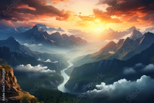 A breathtaking mountain landscape at sunrise, invoking a sense of wanderlust © KerXing