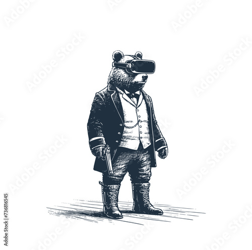 The Bear using augmented reality headset and jacket suit. Rough sketch. Vector illustration. photo