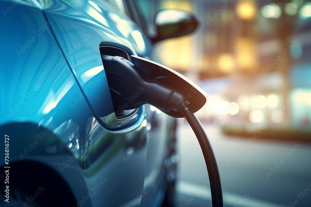 A close-up of an electric car's charging plug connecting to a vehicle A close-up of an electric car's charging plug connecting to a vehicle