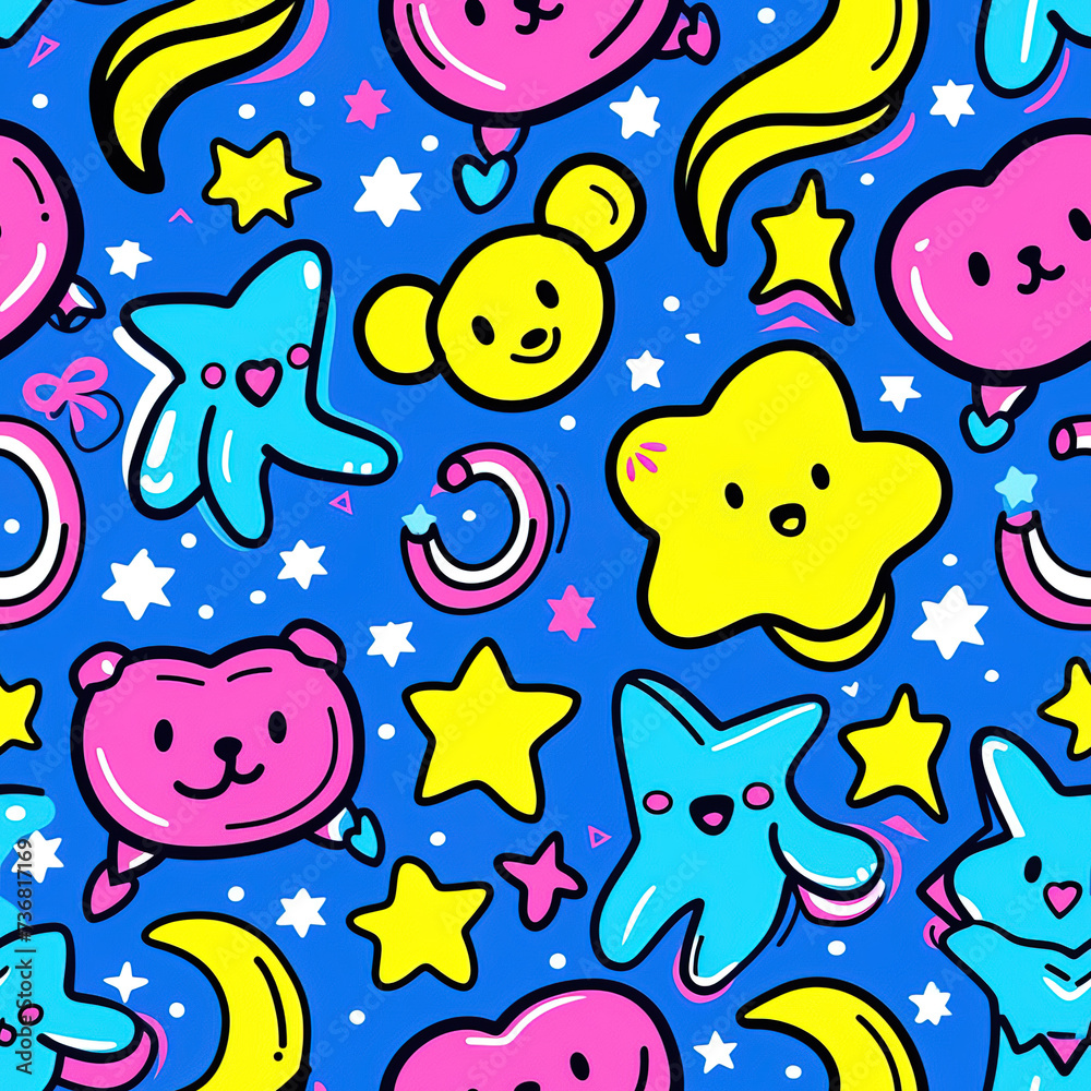 Funny cute doodles kawaii anime colorful repeat pattern 