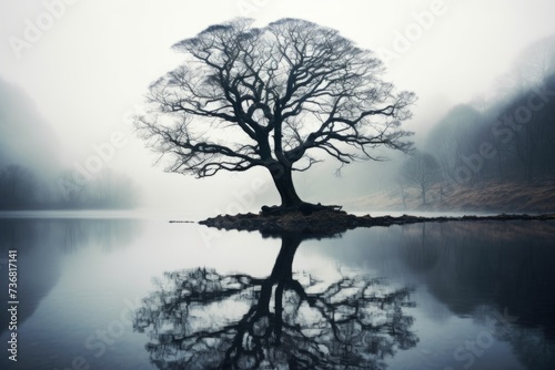 A dramatic reflection of a lone tree in a fog covered forest © KerXing