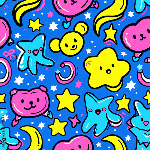 Funny cute doodles kawaii anime colorful repeat pattern 