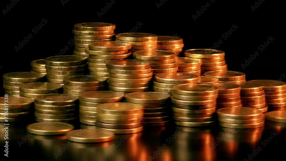 A stack of coins Is spinning in a golden light A stack of coins Is spinning in a golden light