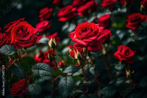 A breathtaking view of a garden adorned with blooming red roses  realistically presented in vivid
