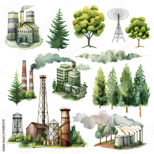 watercolor hand draw clipart bundle of factory and green nature, Save world theme, white background