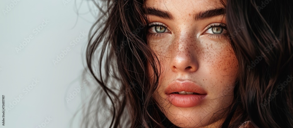 A close up of a womans face with freckles showcasing her nose, jaw, layered black hair, eyelashes, and a subtle gesture, revealing the art of her flesh and throat A close up of a womans face with freckles showcasing her nose, jaw, layered black hair, eyelashes, and a subtle gesture, revealing the art of her flesh and throat