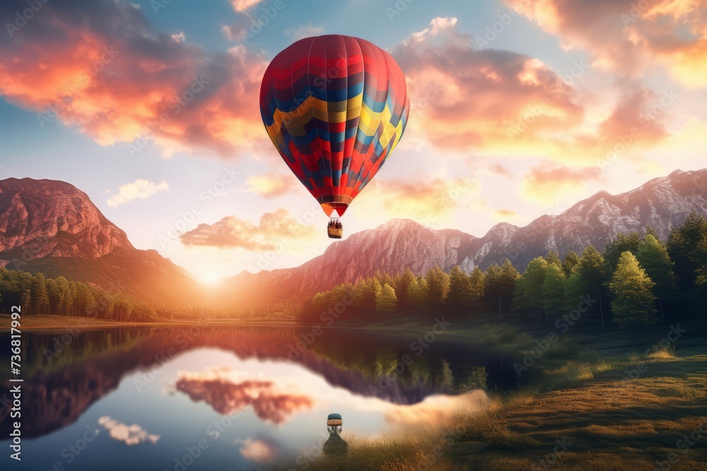 A scenic view of a colorful hot air balloon floating above a tranquil landscape, capturing wanderlust