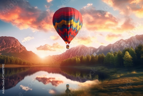 A scenic view of a colorful hot air balloon floating above a tranquil landscape, capturing wanderlust