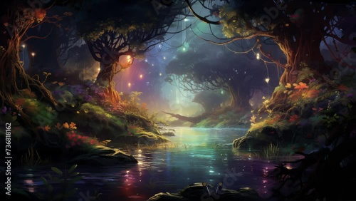 amazon riverbank at night with each river creature. seamless looping overlay 4k virtual video animation background 