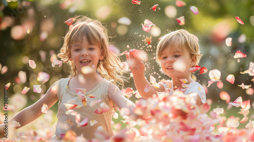 Joyful Children Playing in a Shower of Flower Petals on a Sunny Day. Happy Siblings Laughing and Throwing Pink Petals in the Air, Capturing a Moment of Innocence and Happiness in Nature