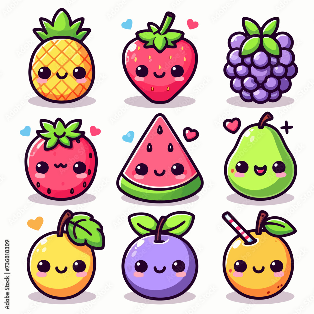 Vecteur Stock Cute Fruit, Happy cute set of smiling fruit faces. Vector ...