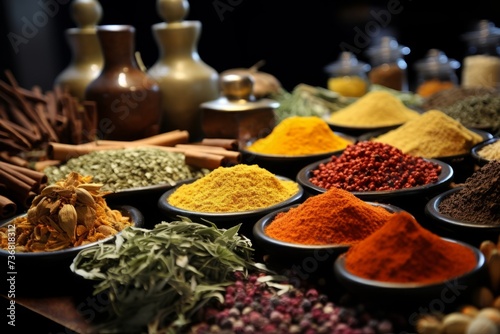 A table covered in colorful spices and herbs