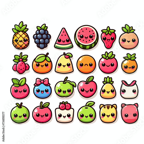 Cute Fruit, Happy cute set of smiling fruit faces. Vector set of flat cartoon illustration icons. Isolated on white background