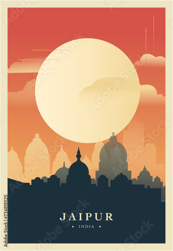 Jaipur city brutalism poster with abstract skyline, cityscape retro vector illustration. India, Rajasthan state capital travel cover, brochure, flyer, leaflet, business presentation template image