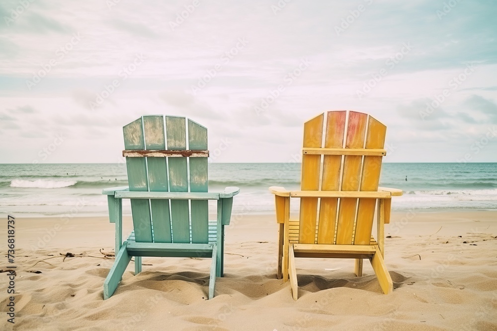 Faded Beach Chairs with a Grungy and Colorful Wooden Frame, Evoking Memories of Seaside Holidays, Generative AI