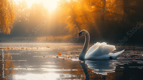 Fototapeta Naklejka Na Ścianę i Meble -  A swan in beautiful nature setting. Generative AI.