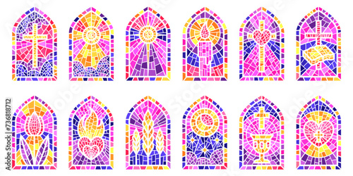 Church glass windows. Stained mosaic catholic frames with cross, book and religious symbols. Vector set isolated on white background