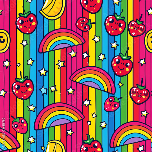 Funny cute fruit rainbow doodles kawaii anime colorful repeat pattern 