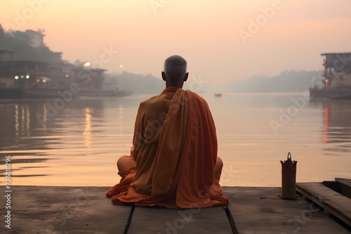 An old yogi was meditating on the bank of the Ganges River. It was quiet amidst the morning sunshine. Behind him is the view of Varanasi. It is a symbol of peace, tranquility and faith in Hinduism. photo