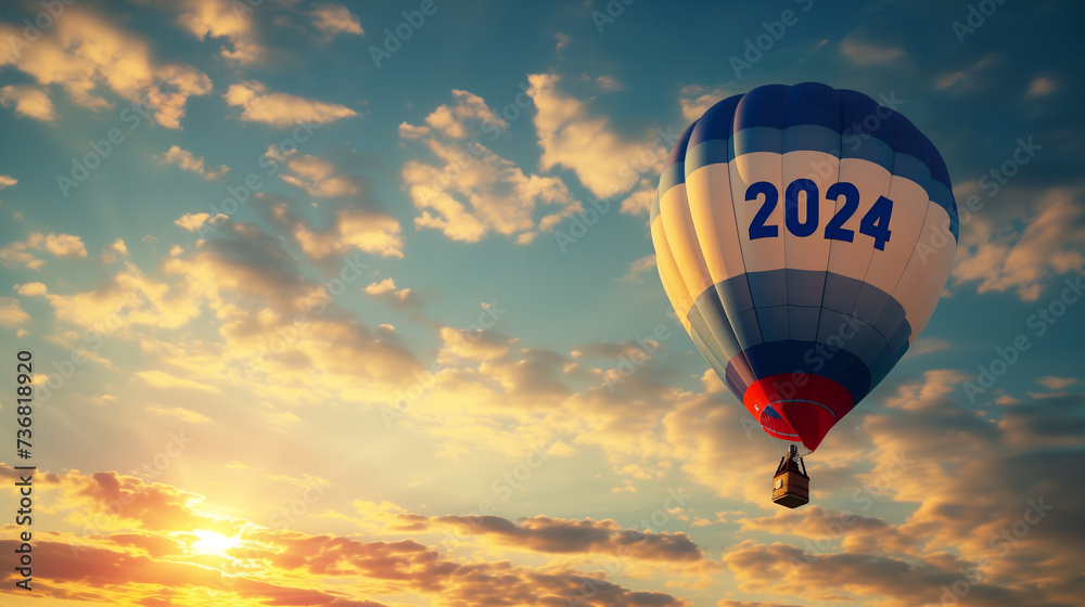"2024"と書かれた熱気球 - obrazy, fototapety, plakaty 