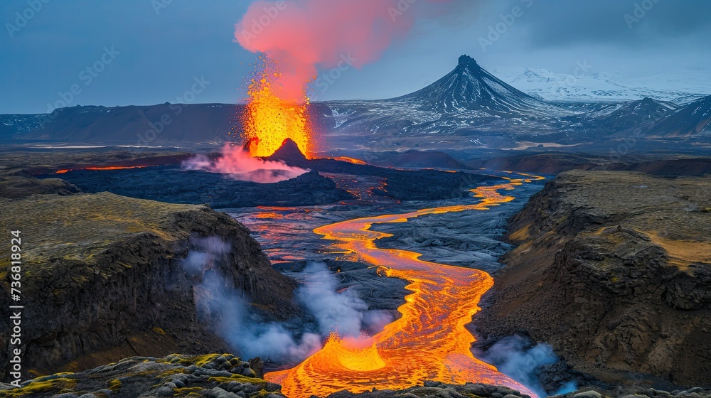 A mesmerizing scene as the volcano erupts, sending a river of molten lava cascading down its slopes.