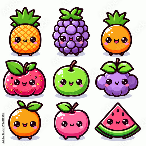 Fototapeta Naklejka Na Ścianę i Meble -  Cute Fruit, Happy cute set of smiling fruit faces. Vector set of flat cartoon illustration icons. Isolated on white background