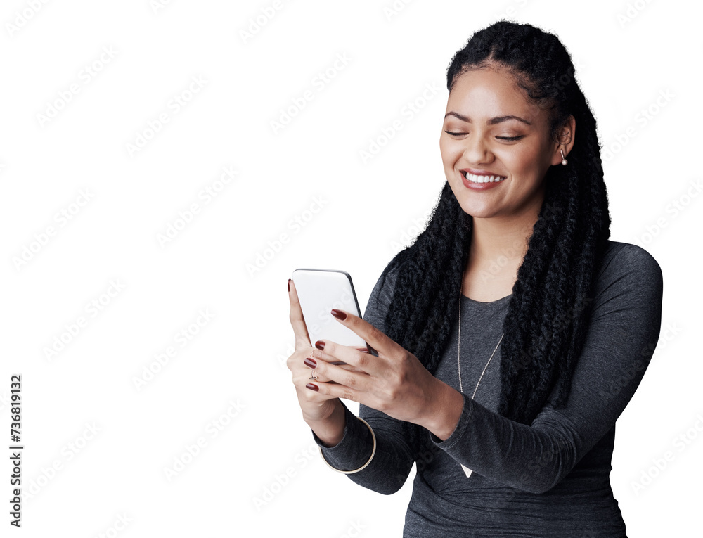 Business woman, smile and cellphone in office for text and social media for online networking. Brazilian model, positive and reading a ebook on mobile app and isolated on transparent png background Business woman, smile and cellphone in office for text and social media for online networking. Brazilian model, positive and reading a ebook on mobile app and isolated on transparent png background