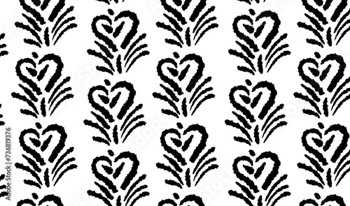 Seamless pattern hand drawn with linear flowers. Vector charcoal strokes, bumps and swirls. Sketch lines in doodle style.