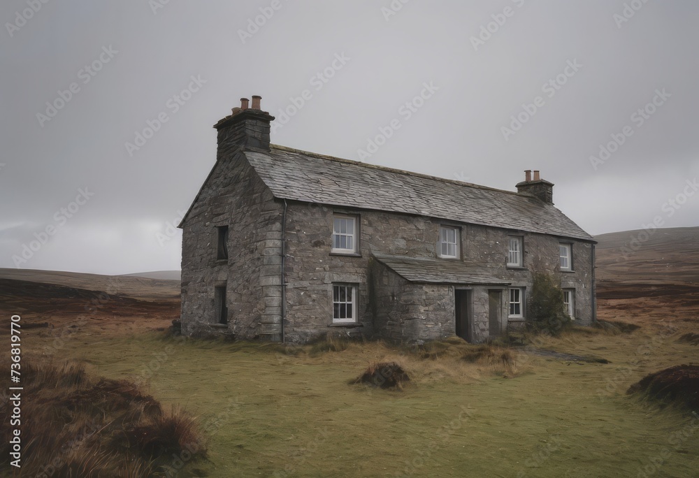 Obraz premium Old stone private house in a secluded location, scenic spots, daytime, vintage, abandoned