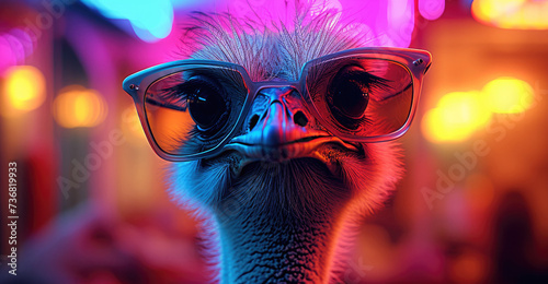 Funny ostrich wearing sunglasses, neon background. Generative AI.
