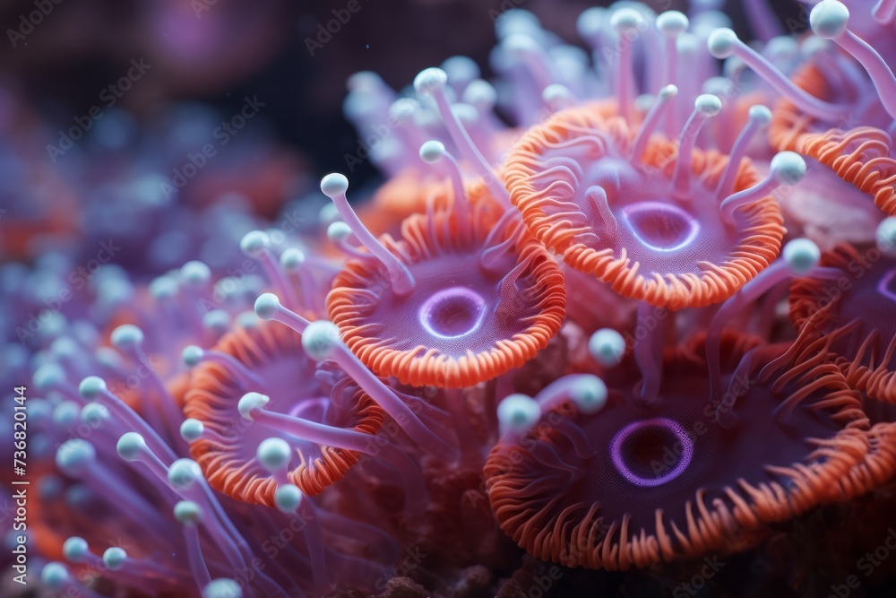 Vibrant coral polyps capturing tiny prey Vibrant coral polyps capturing tiny prey