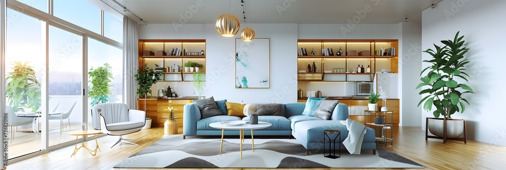 Contemporary, well-lit indoor space depicted in . - obrazy, fototapety, plakaty 