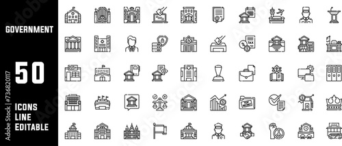 Corporate Governance Vector Line Icon Set. This Icon set consists of Government Building, Compliance, Law, Procedure, and so on photo