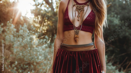A crochet crop top paired with a velvet maxi skirt and layered necklaces creating a bohemian look with a touch of luxurious comfort.