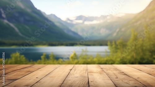 The empty wooden brown table top with blur background of Norway nature landscape. Exuberant image. generative AI © Summit Art Creations