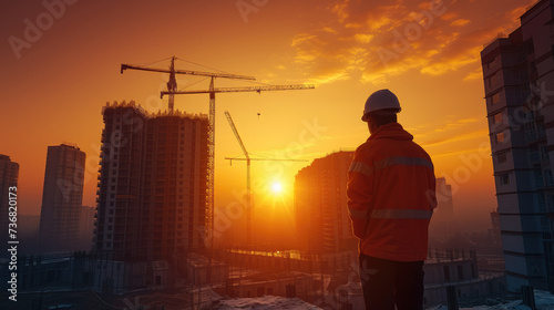 Engineers inspecting construction projects under construction at sunset, high-rise buildings in progress. Generative AI. © visoot