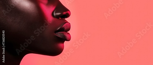 a close up of a woman's face with lipstick on her lips and a pink wall in the background.