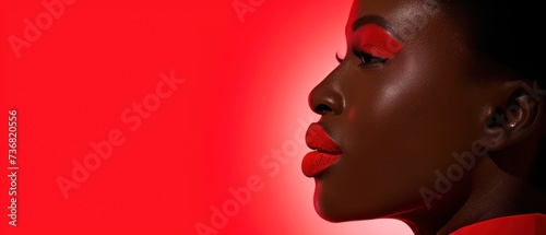 a close up of a woman with red lipstick on her face and a red background with a red light behind her.