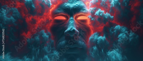 a digital painting of a man's face with a red light coming out of his eyes and clouds in the background. photo