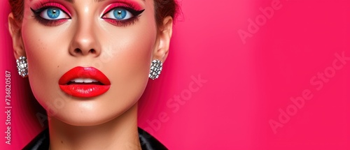 a close up of a woman's face with bright red lipstick and diamond earrings on her head and a pink background.