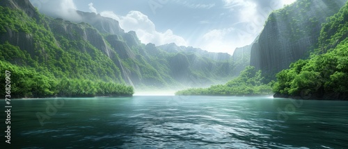 a large body of water surrounded by lush green trees and a mountainous area with a waterfall in the middle of the picture.