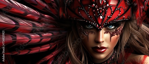 a close up of a woman wearing a red mask with feathers on her head and red lipstick on her face.