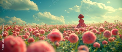 a little girl sitting in the middle of a field of flowers with a blue sky and clouds in the background. photo